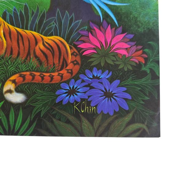Vtg 1973 K Chin Zebra Tiger Jungle Art Prints 12x9 Pair Colorful Floral Animal - Picture 4 of 8